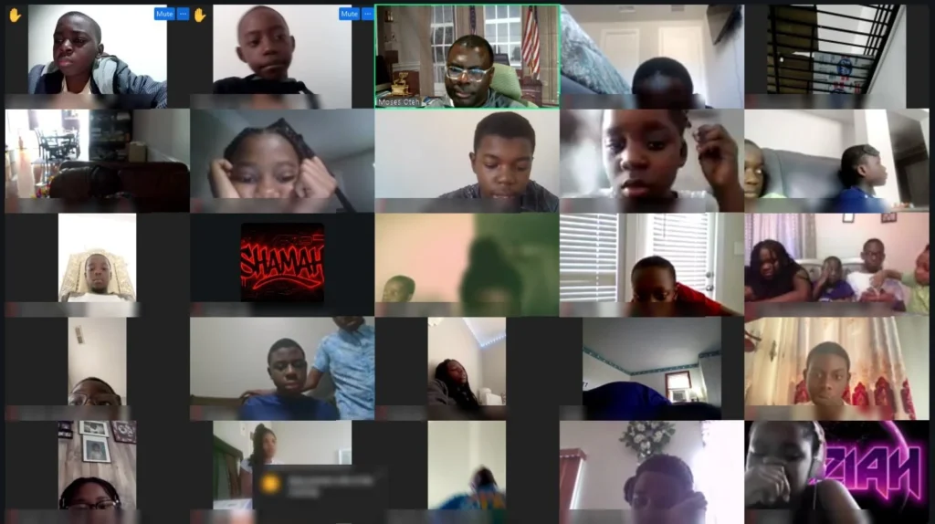 Moses Oteh leading an Online Bible Club on Zoom with children from many homes