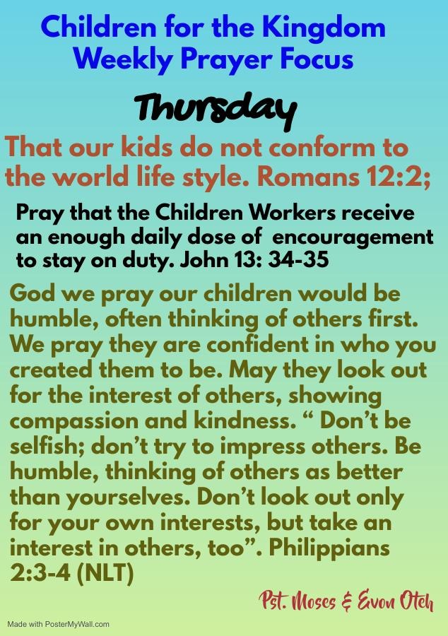 Children for the Kingdom Weekly Prayer Focus for Thursday: Christlike Character